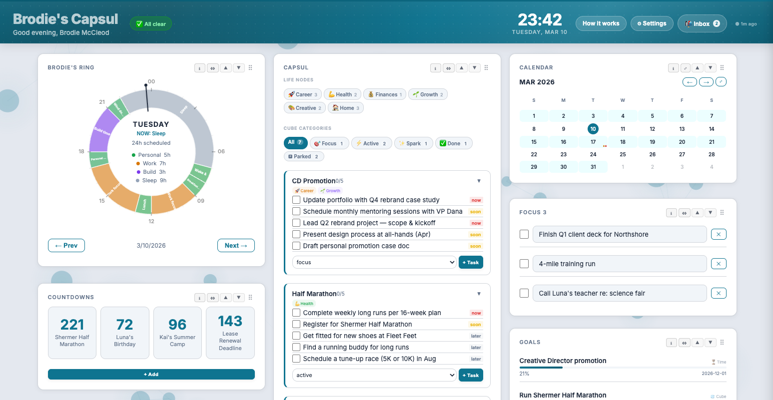 Live Dashboard — full command center with Ring, Focus 3, calendar, countdowns, and project cubes